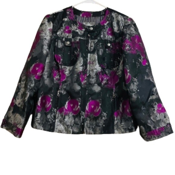 ANTHRACITE WOMEN’s STYLISH & UNIQUE MULTICOLOR FLOWER PRINT ZIP UP MOTO JACKET - Picture 1 of 6